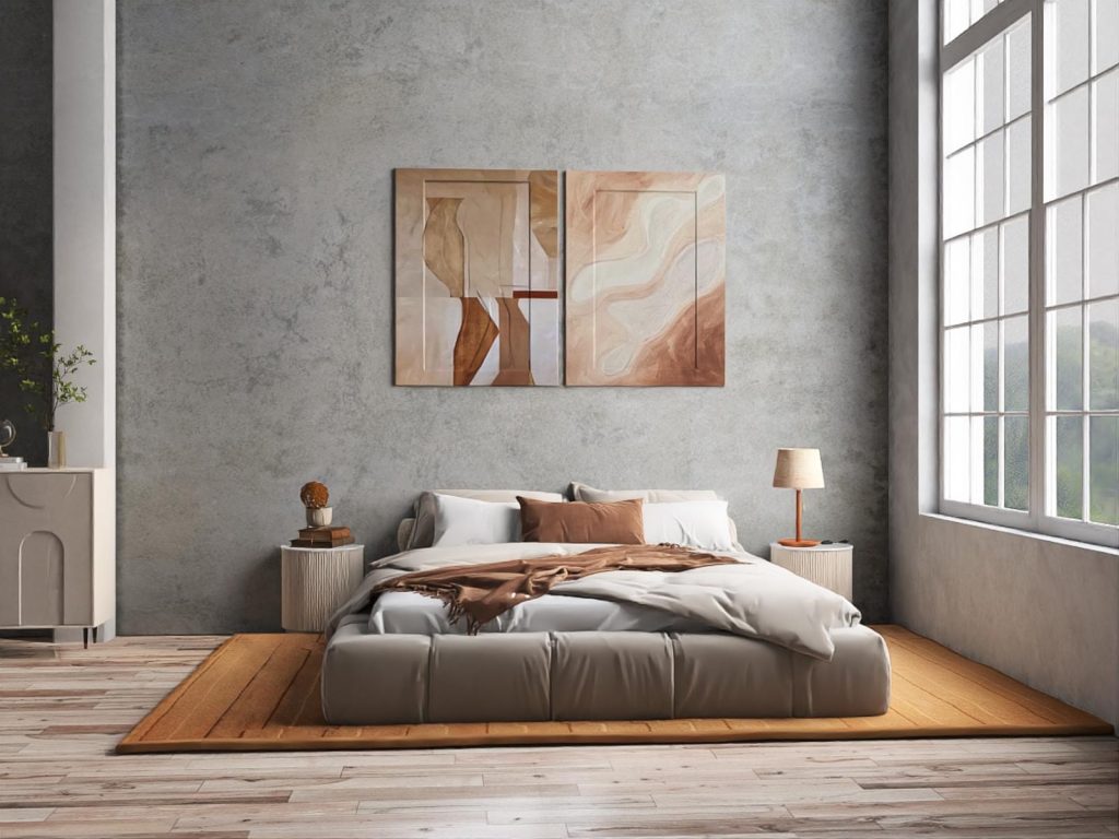 Interior design render of a master bedroom with polished concrete by Mayra Studio