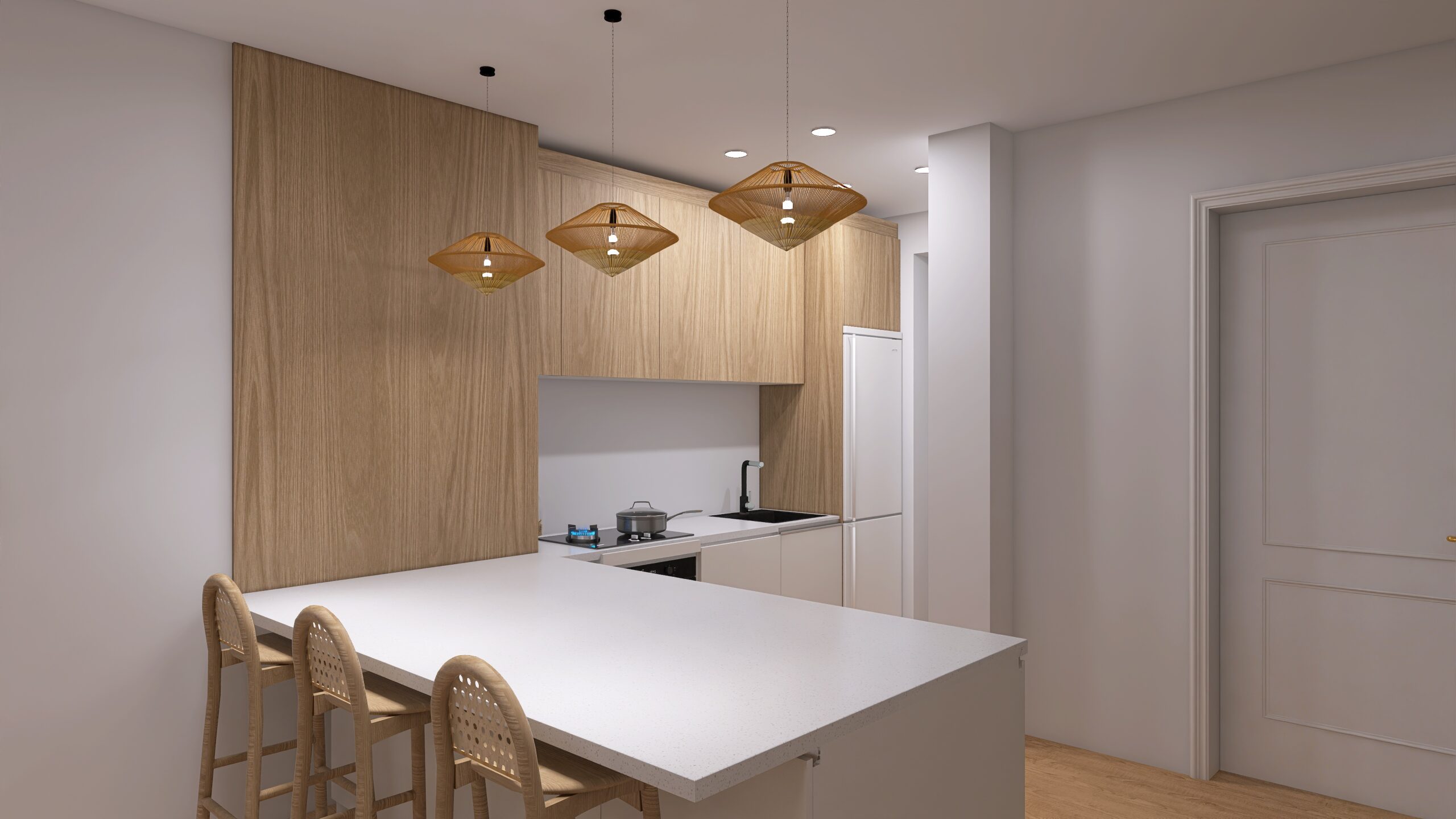 Photorealistic render of a white kitchen island with oak tall units in Jávea