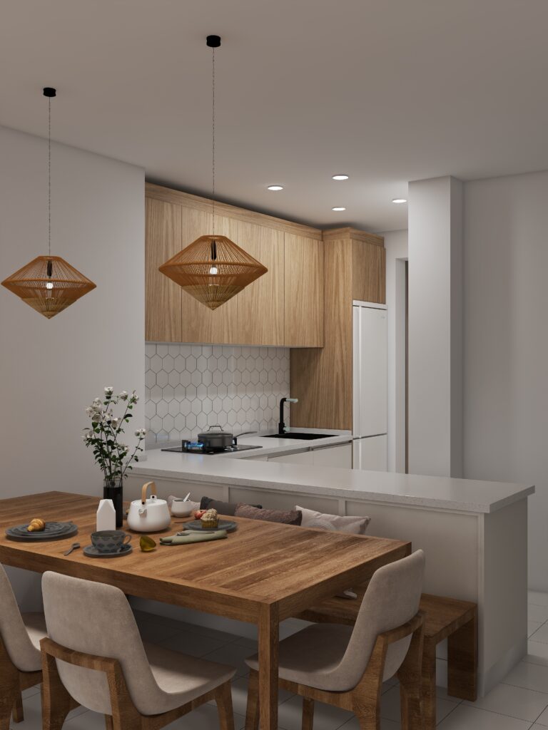 Render of a dining area with wicker pendant lights and oak table in Jávea