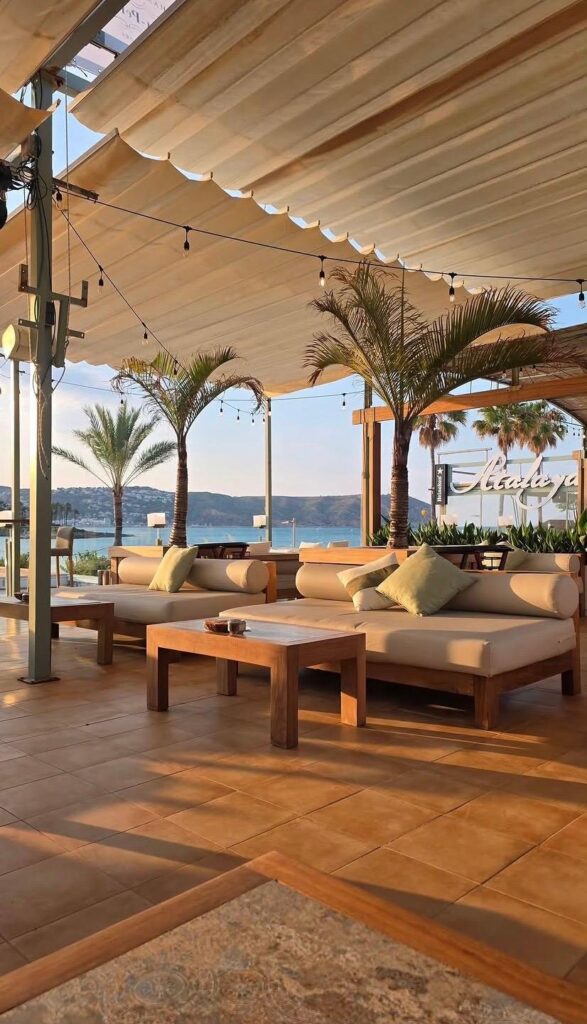 Atalaya restaurant terrace in Jávea with restored iroko furniture