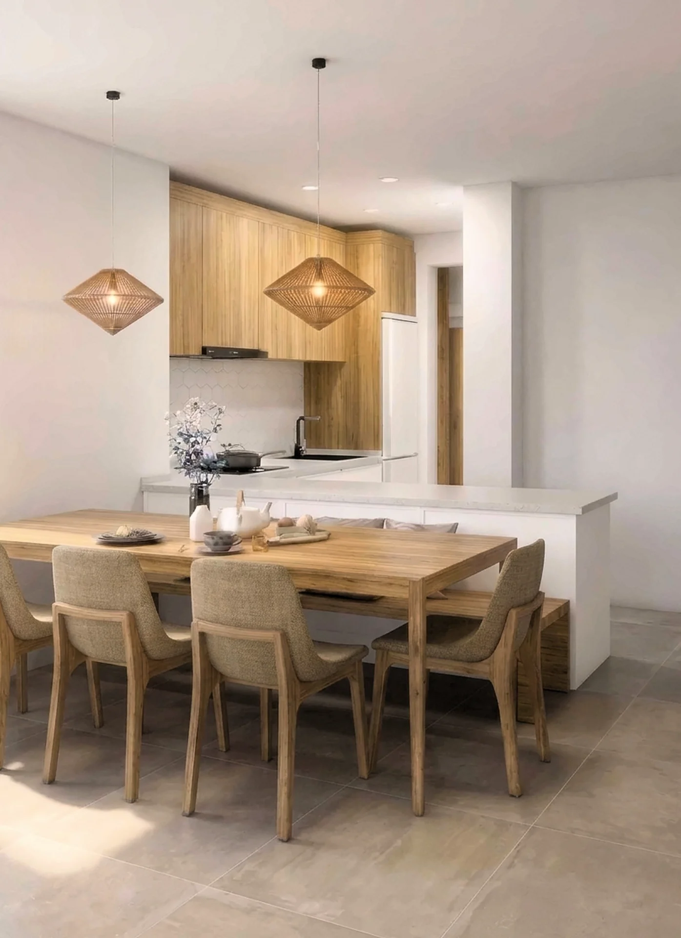 Render of the dining area with oak table and wicker pendant lights, El Arenal kitchen in Jávea