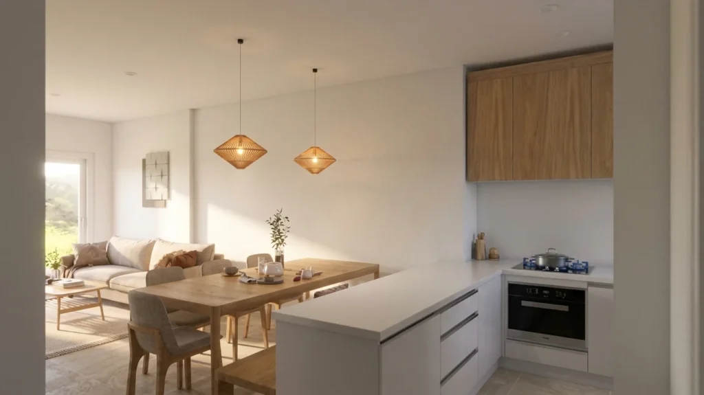 Render of the open-plan kitchen and dining area in El Arenal, Jávea, designed by Mayra Studio